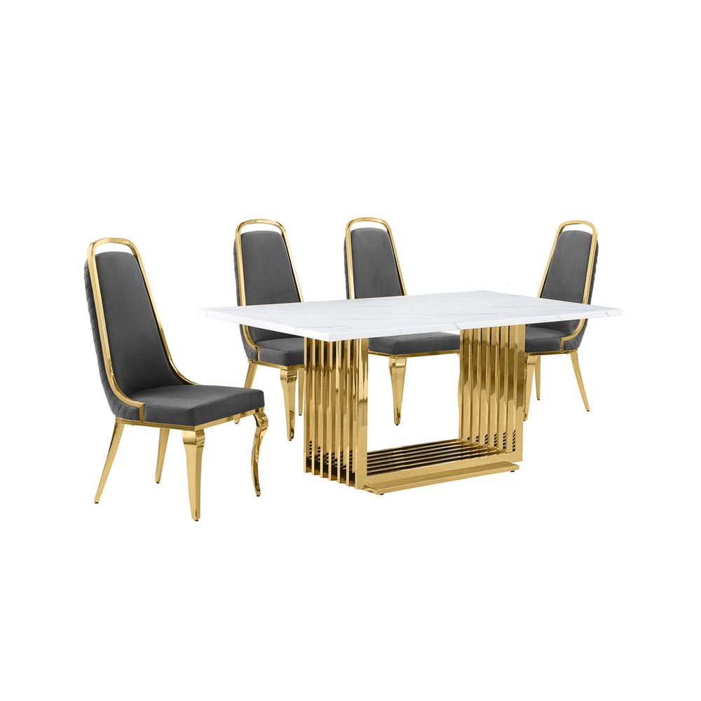 5pc Small(68″) marble top dining set with gold base and 4 Dark grey side chairs