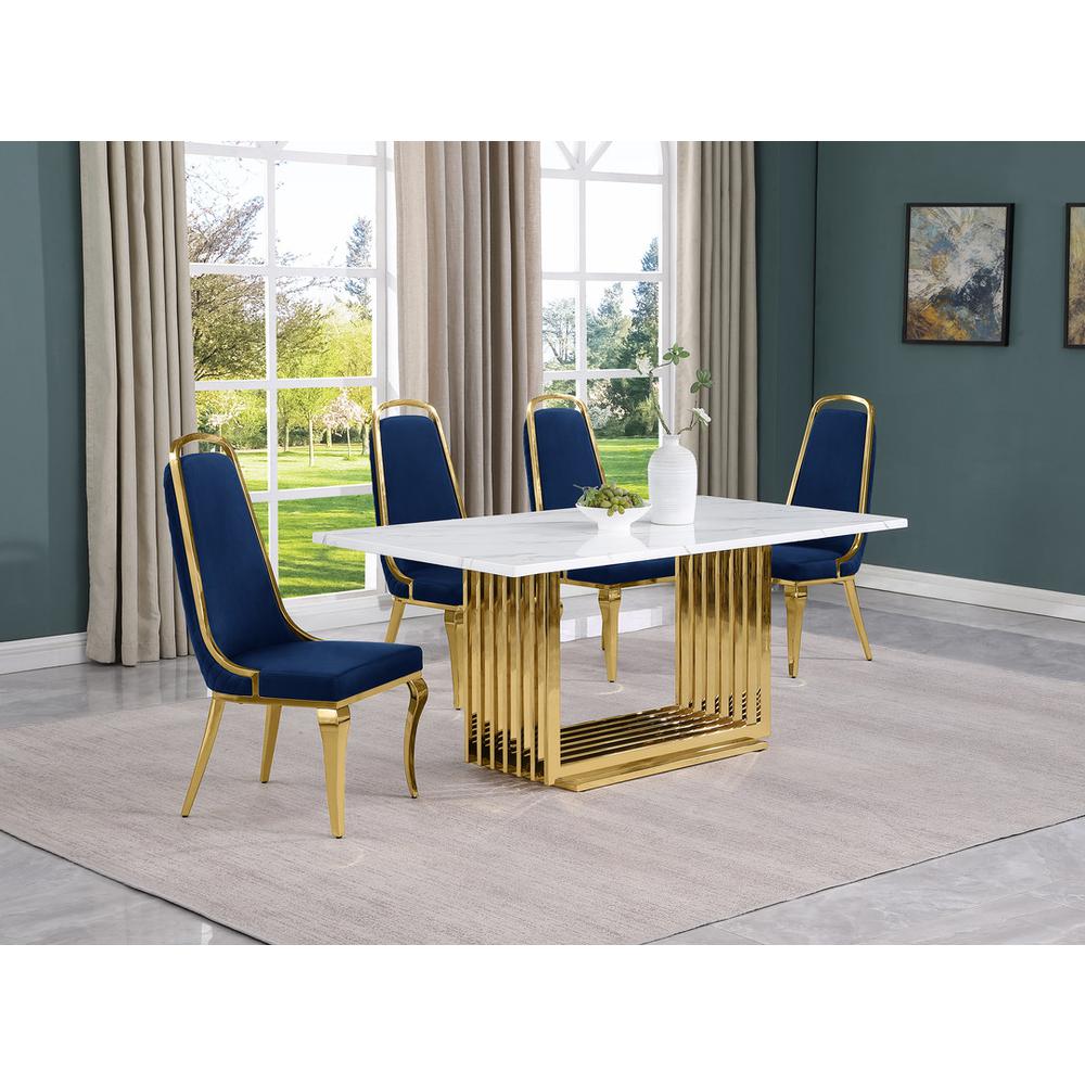 5pc Small(68″) marble top dining set with gold base and 4 Navy Blue side chairs