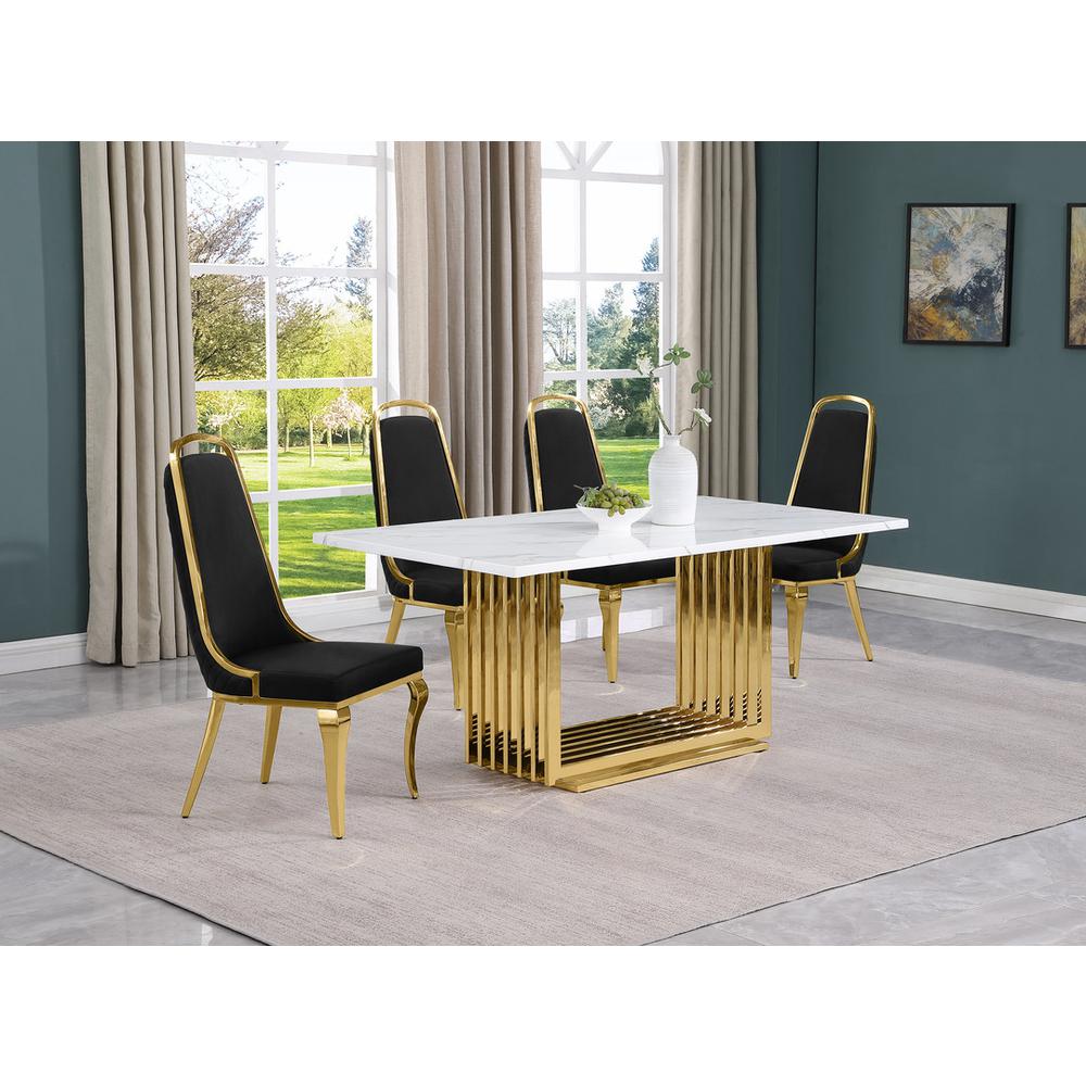 5pc Small(68″) marble top dining set with gold base and 4 Black side chairs