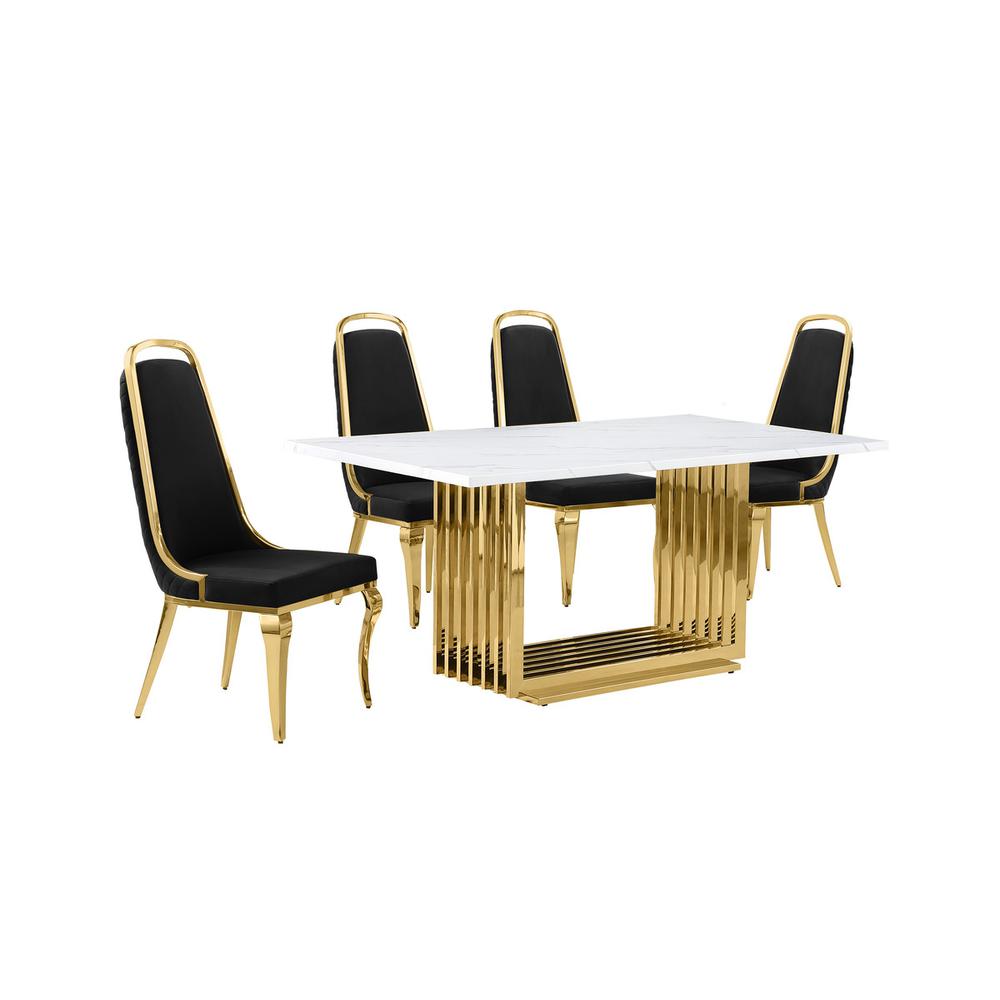 5pc Small(68″) marble top dining set with gold base and 4 Black side chairs