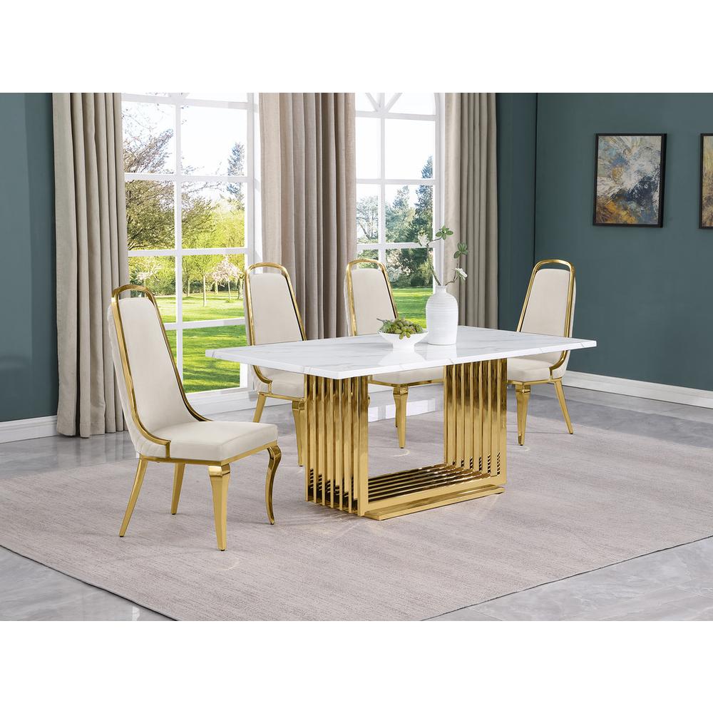 5pc Small(68″) marble top dining set with gold base and 4 Cream side chairs