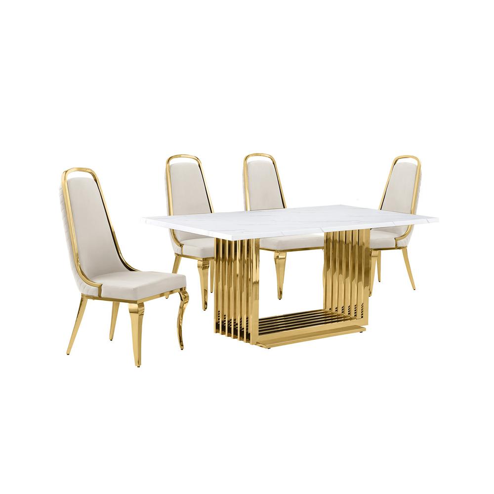 5pc Small(68″) marble top dining set with gold base and 4 Cream side chairs