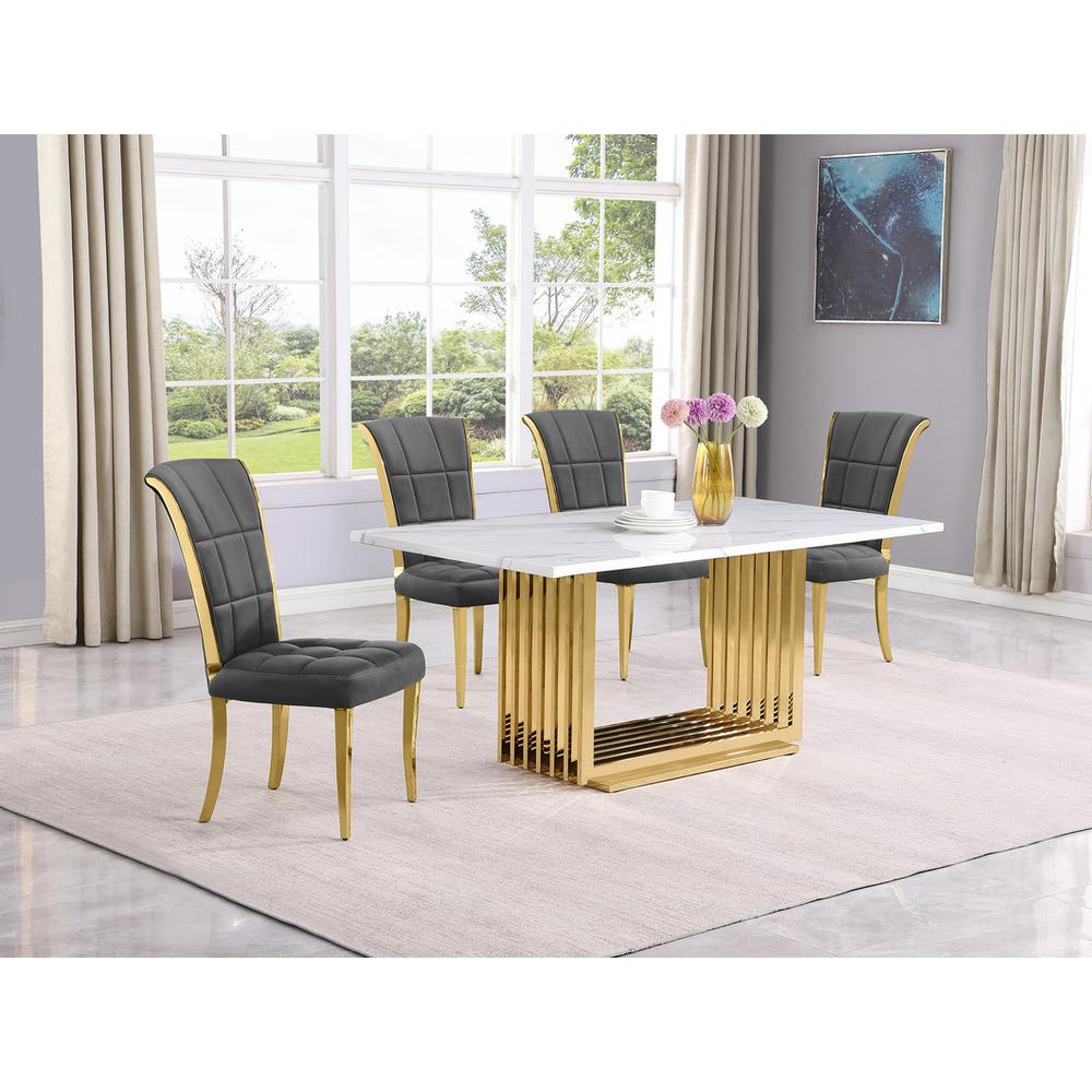 5pc Small(68″) marble top dining set with gold base and 4 Dark grey side chairs