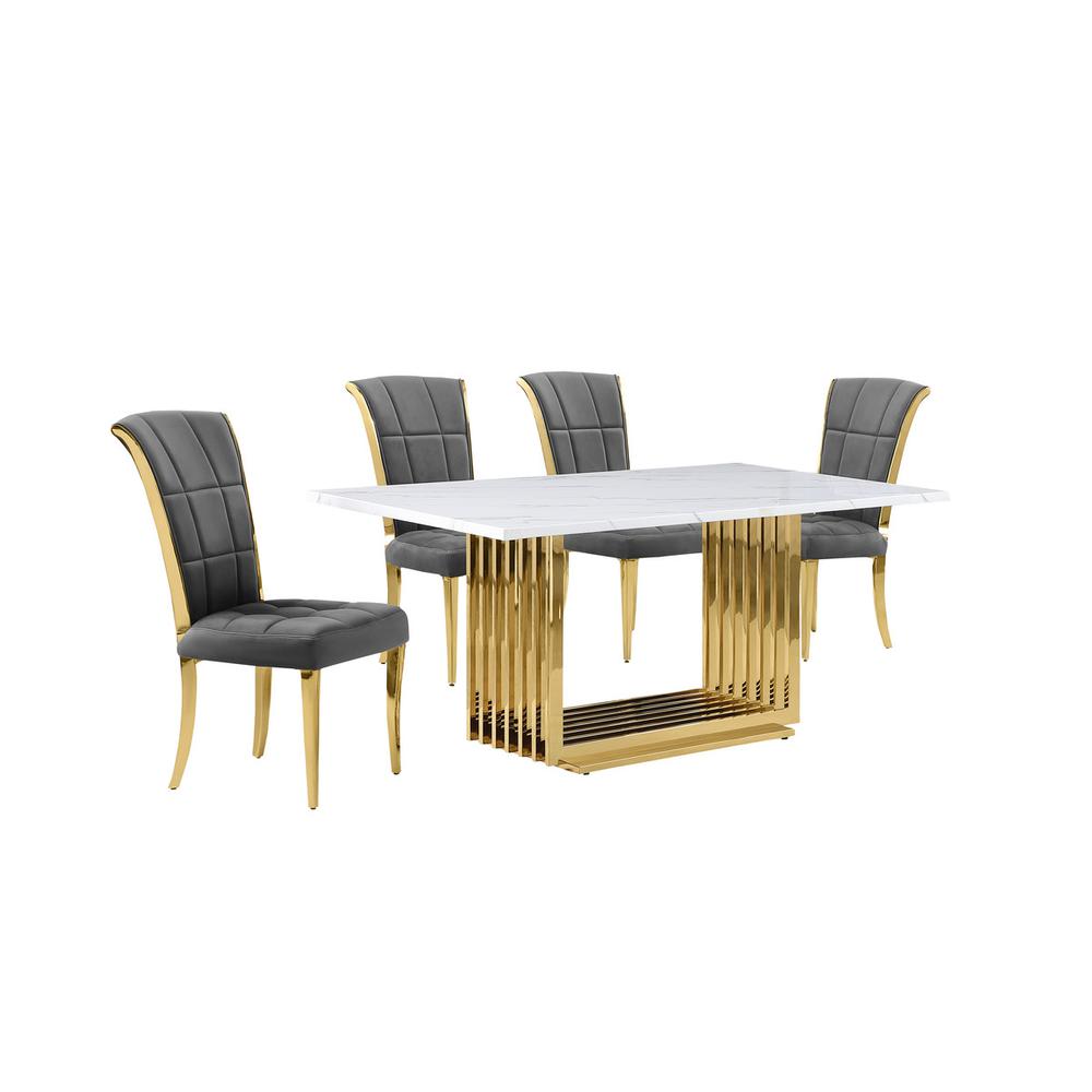 5pc Small(68″) marble top dining set with gold base and 4 Dark grey side chairs