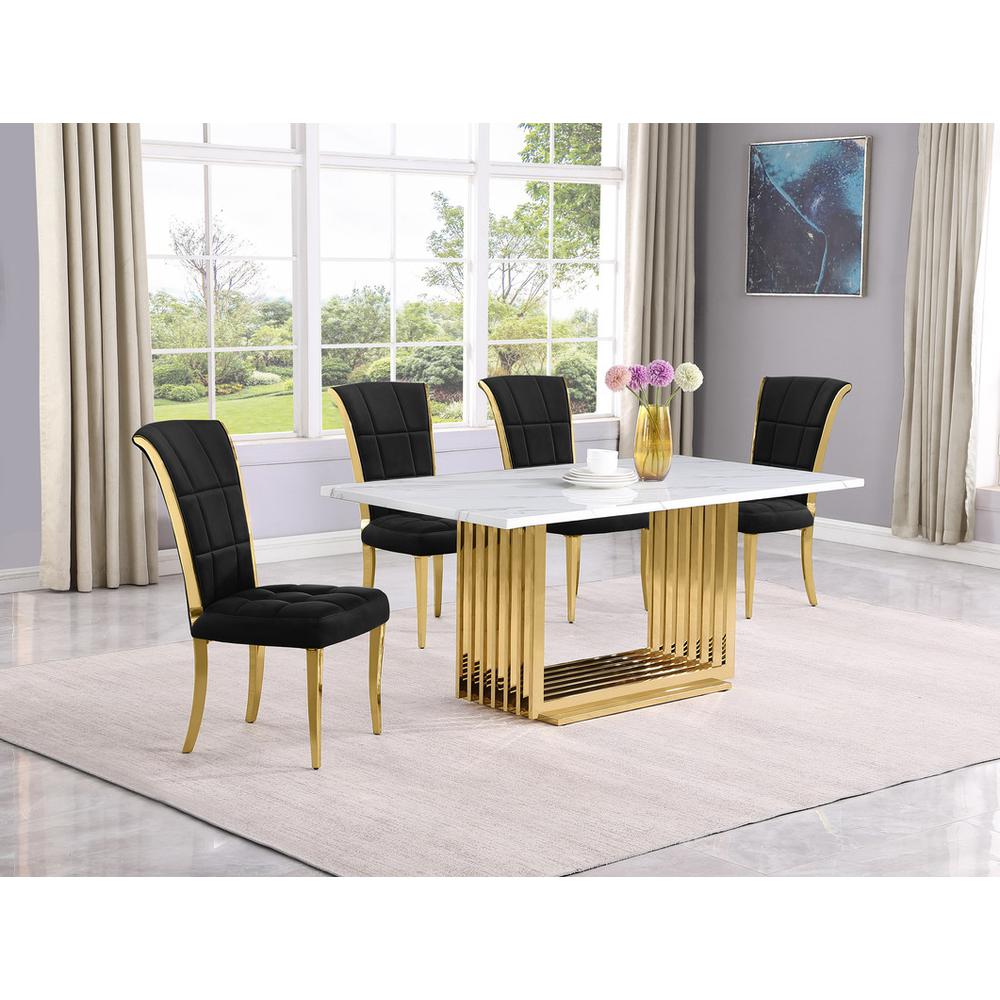 5pc Small(68″) marble top dining set with gold base and 4 Black side chairs