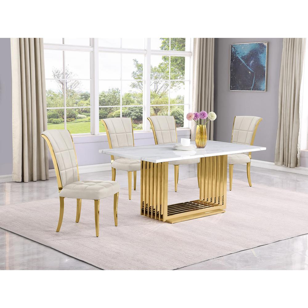 5pc Small(68″) marble top dining set with gold base and 4 Cream side chairs