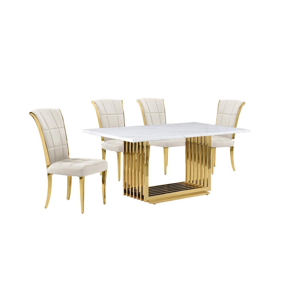 5pc Small(68″) marble top dining set with gold base and 4 Cream side chairs