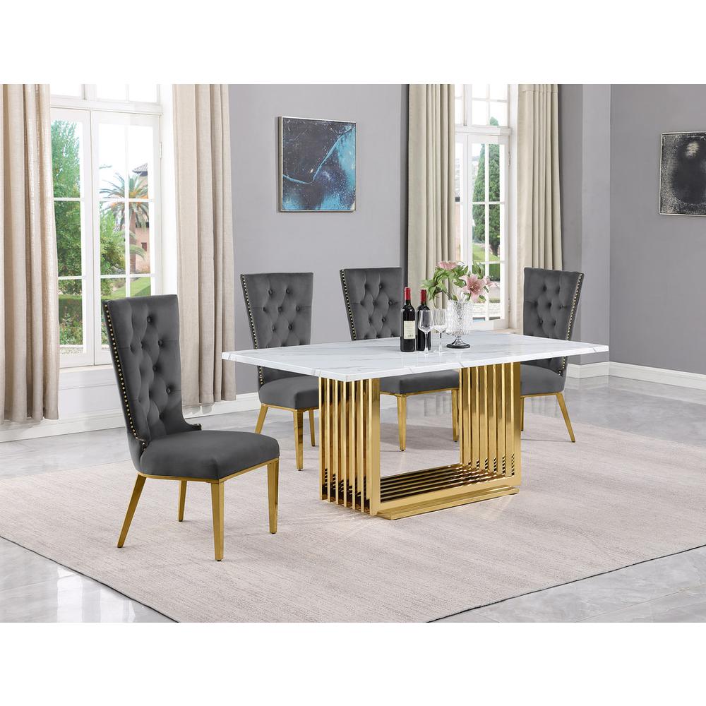 5pc Small(68″) marble top dining set with gold base and 4 Dark grey side chairs
