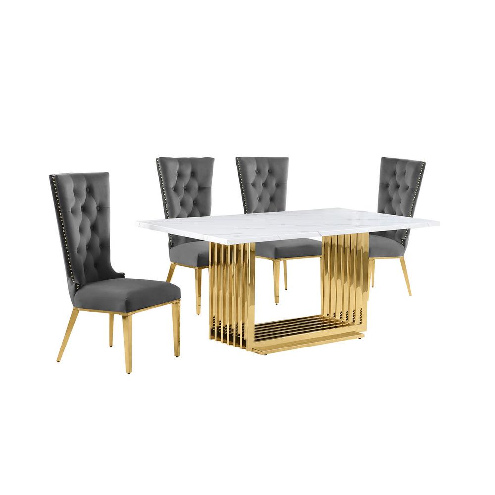 5pc Small(68″) marble top dining set with gold base and 4 Dark grey side chairs