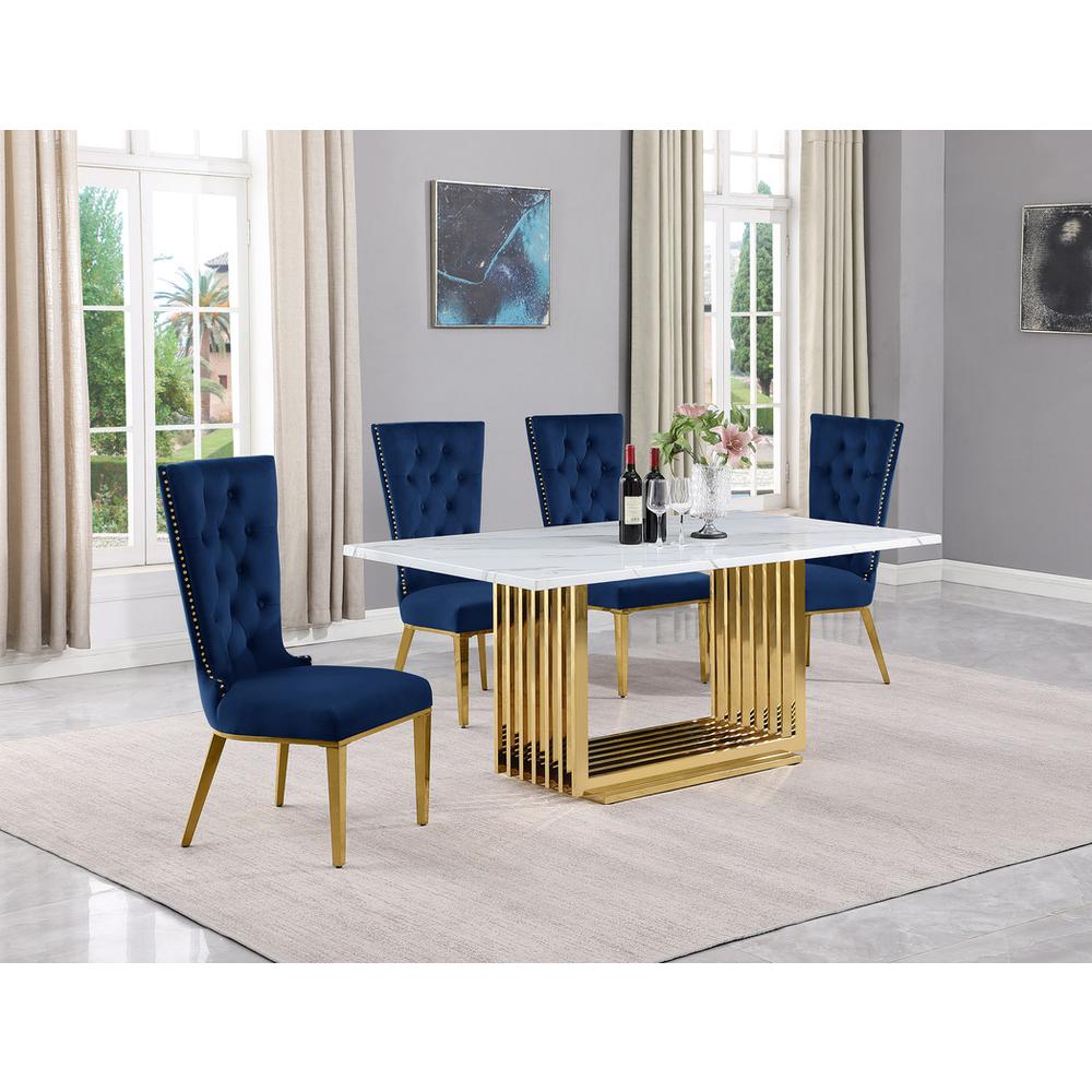 5pc Small(68″) marble top dining set with gold base and 4 Navy Blue side chairs