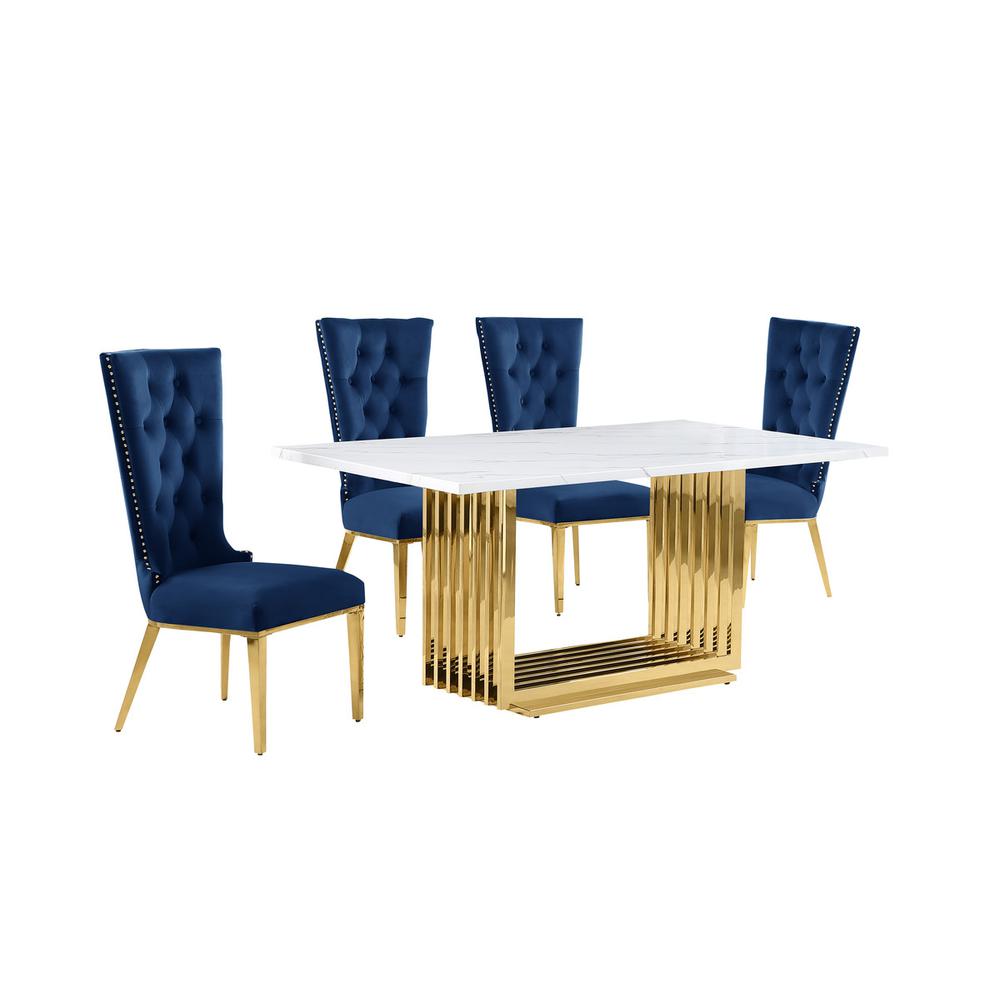 5pc Small(68″) marble top dining set with gold base and 4 Navy Blue side chairs