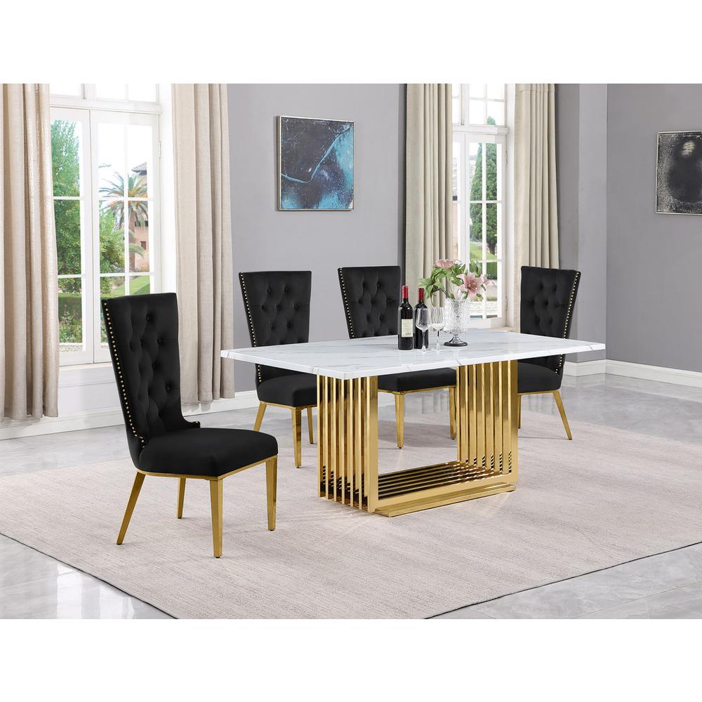 5pc Small(68″) marble top dining set with gold base and 4 Black side chairs