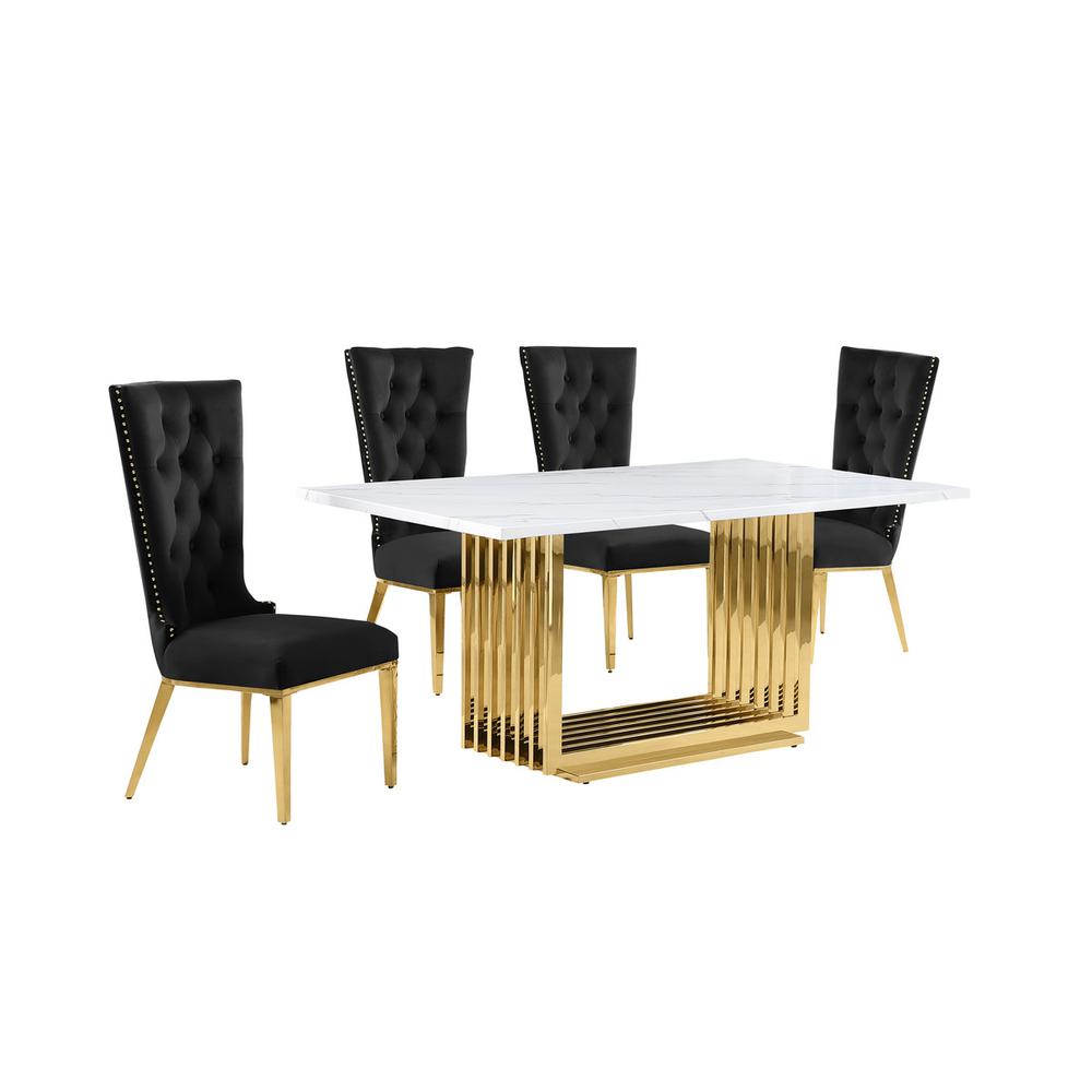 5pc Small(68″) marble top dining set with gold base and 4 Black side chairs