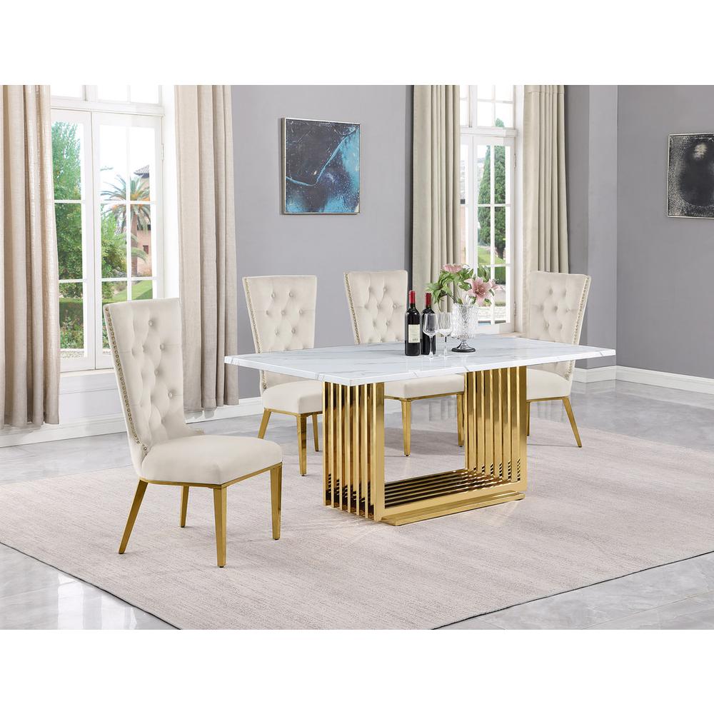 5pc Small(68″) marble top dining set with gold base and 4 Cream side chairs