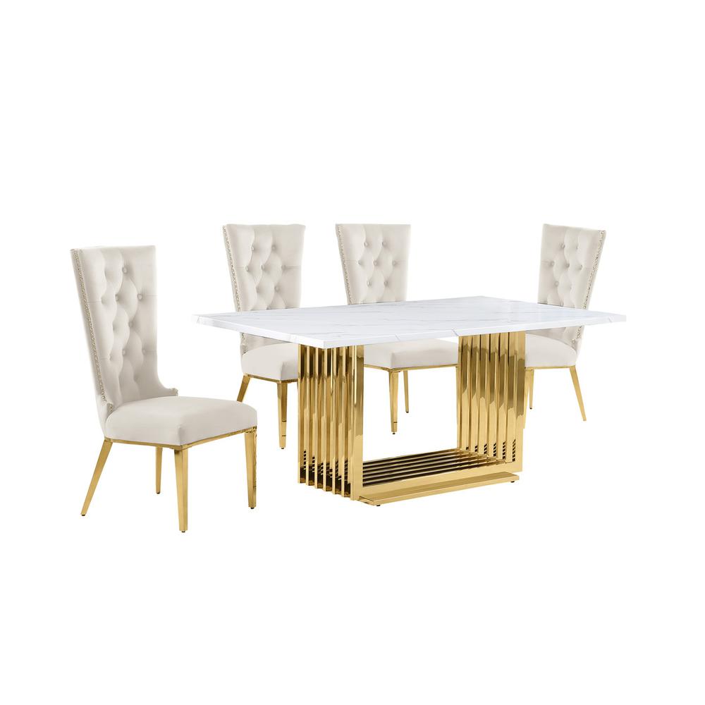 5pc Small(68″) marble top dining set with gold base and 4 Cream side chairs