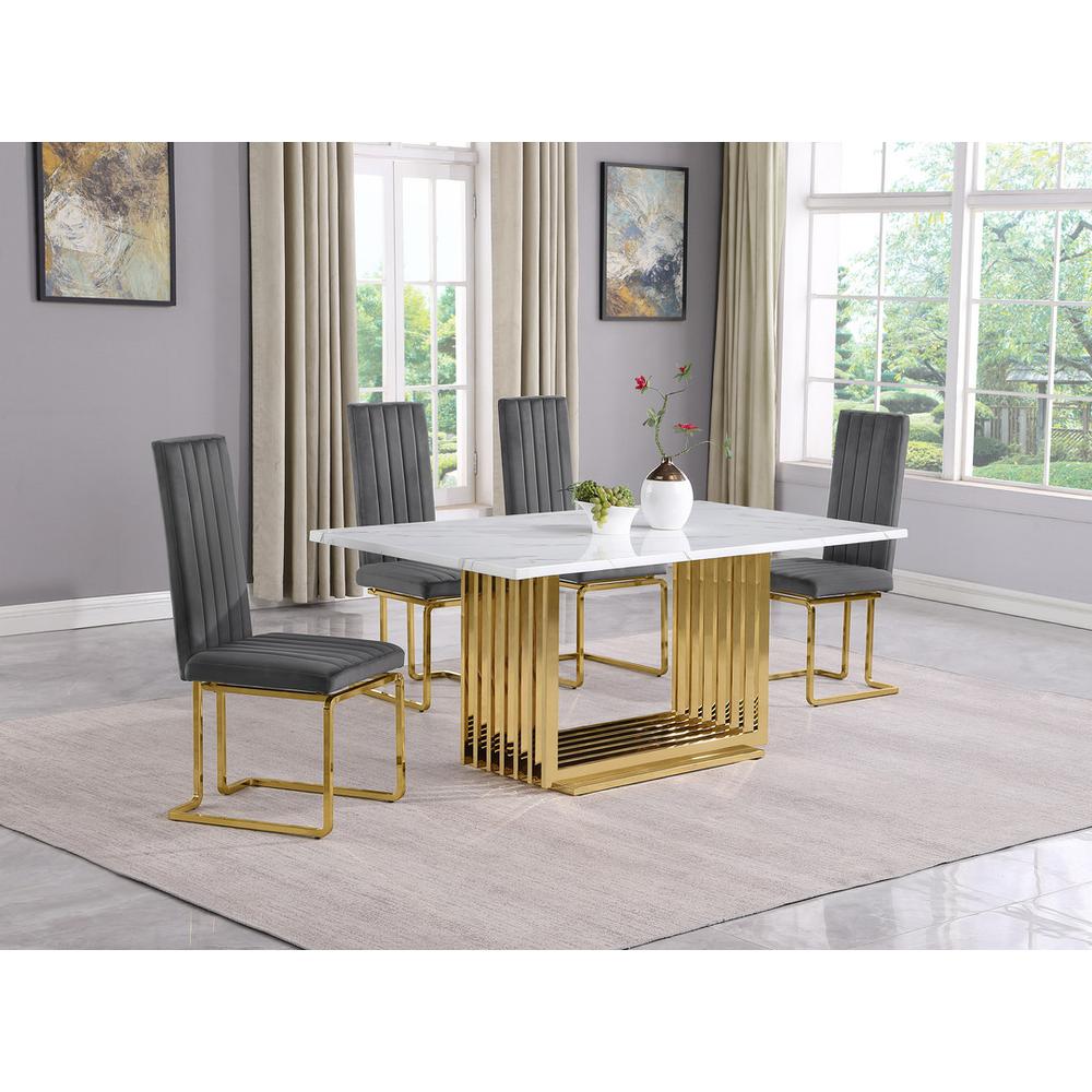 5pc Small(68″) marble top dining set with gold base and 4 Dark grey side chairs