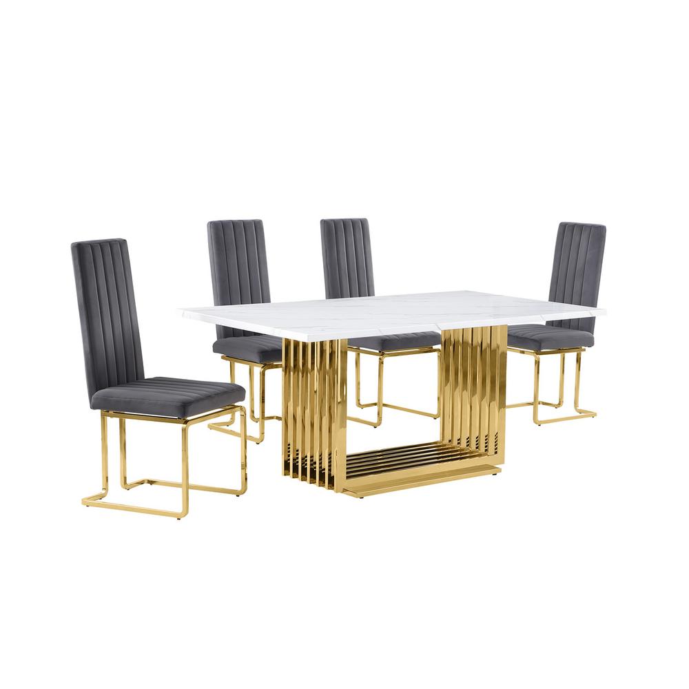 5pc Small(68″) marble top dining set with gold base and 4 Dark grey side chairs