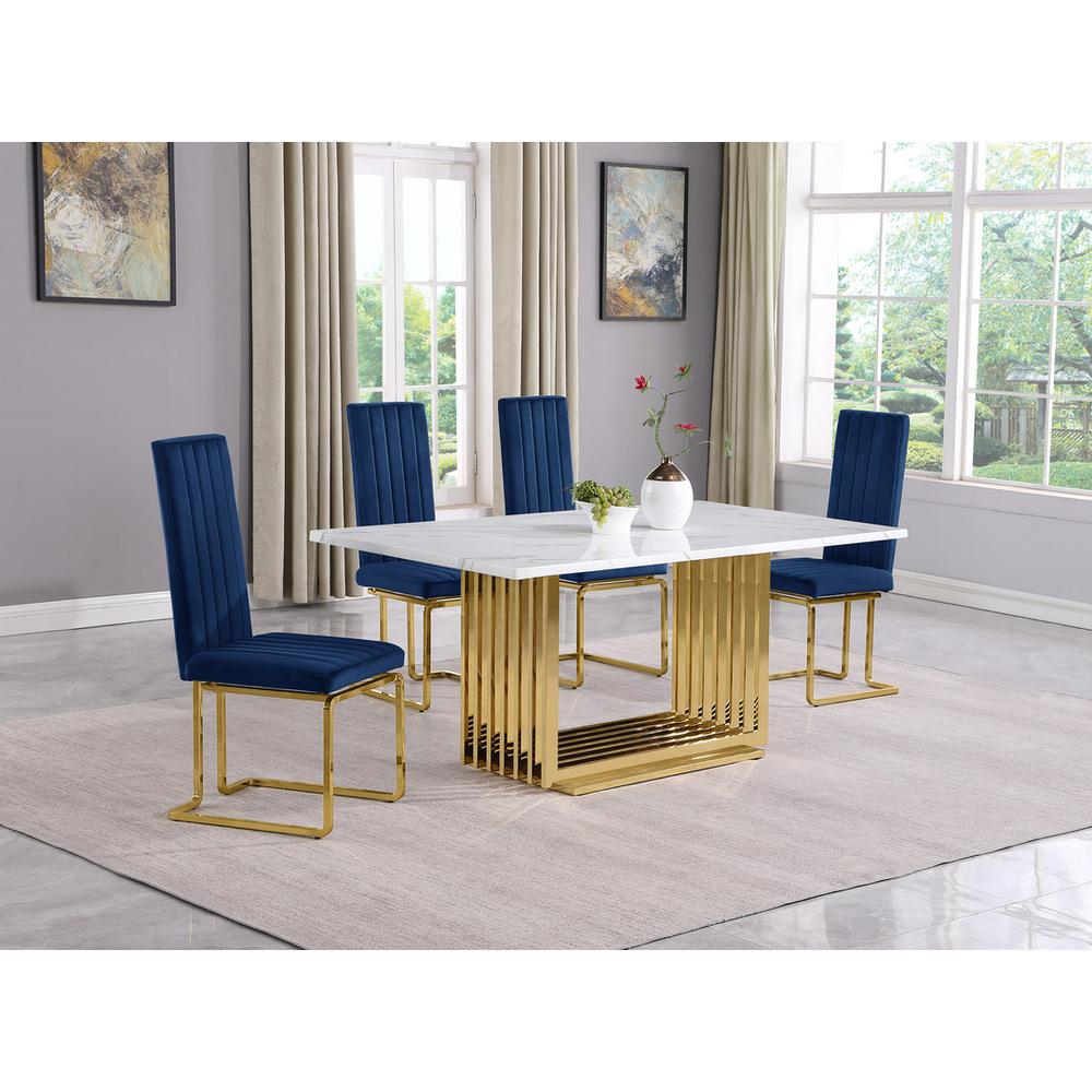 5pc Small(68″) marble top dining set with gold base and 4 Navy Blue side chairs