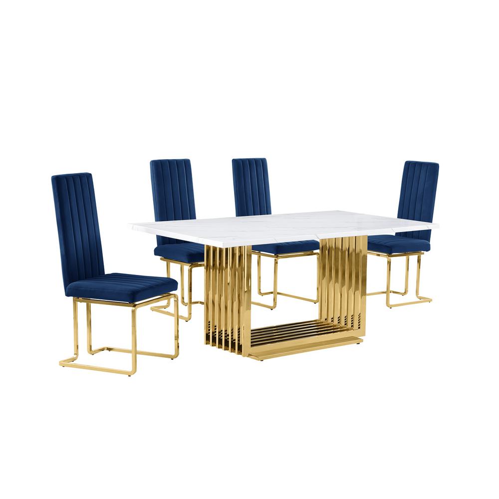 5pc Small(68″) marble top dining set with gold base and 4 Navy Blue side chairs