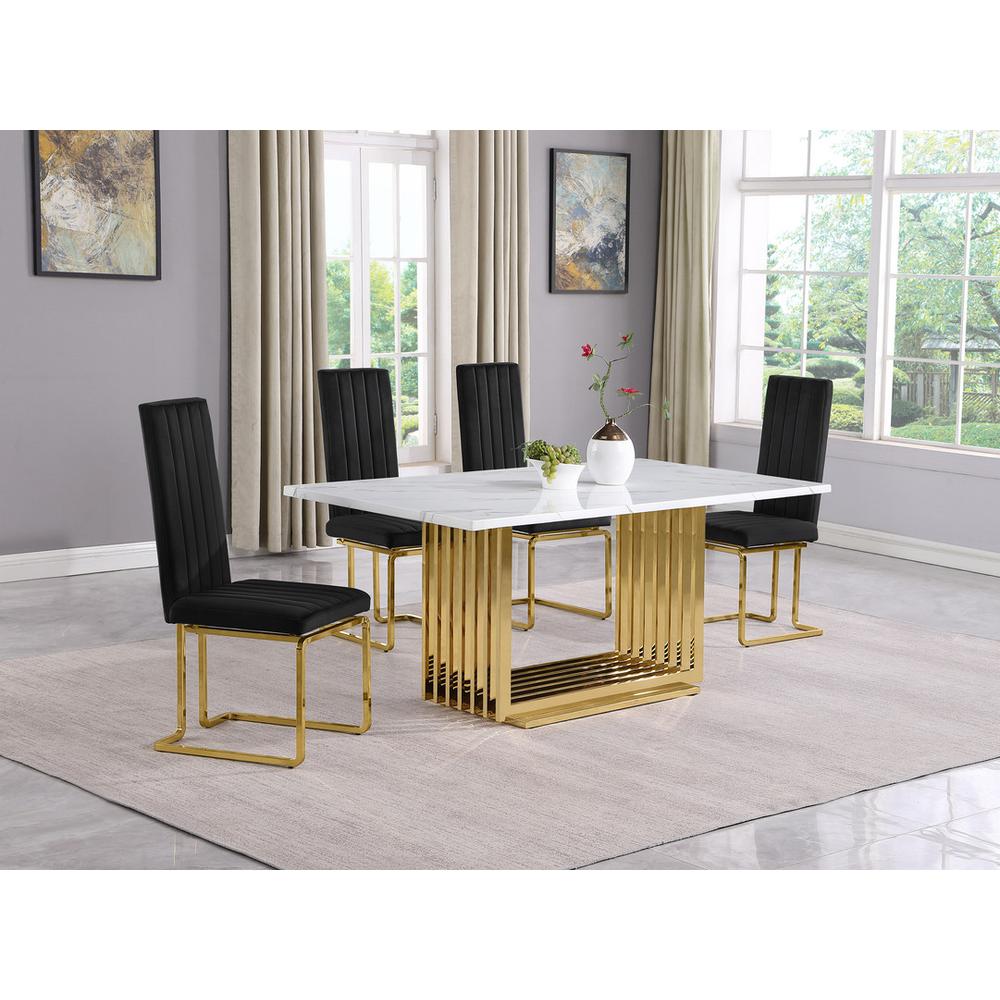 5pc Small(68″) marble top dining set with gold base and 4 Black side chairs