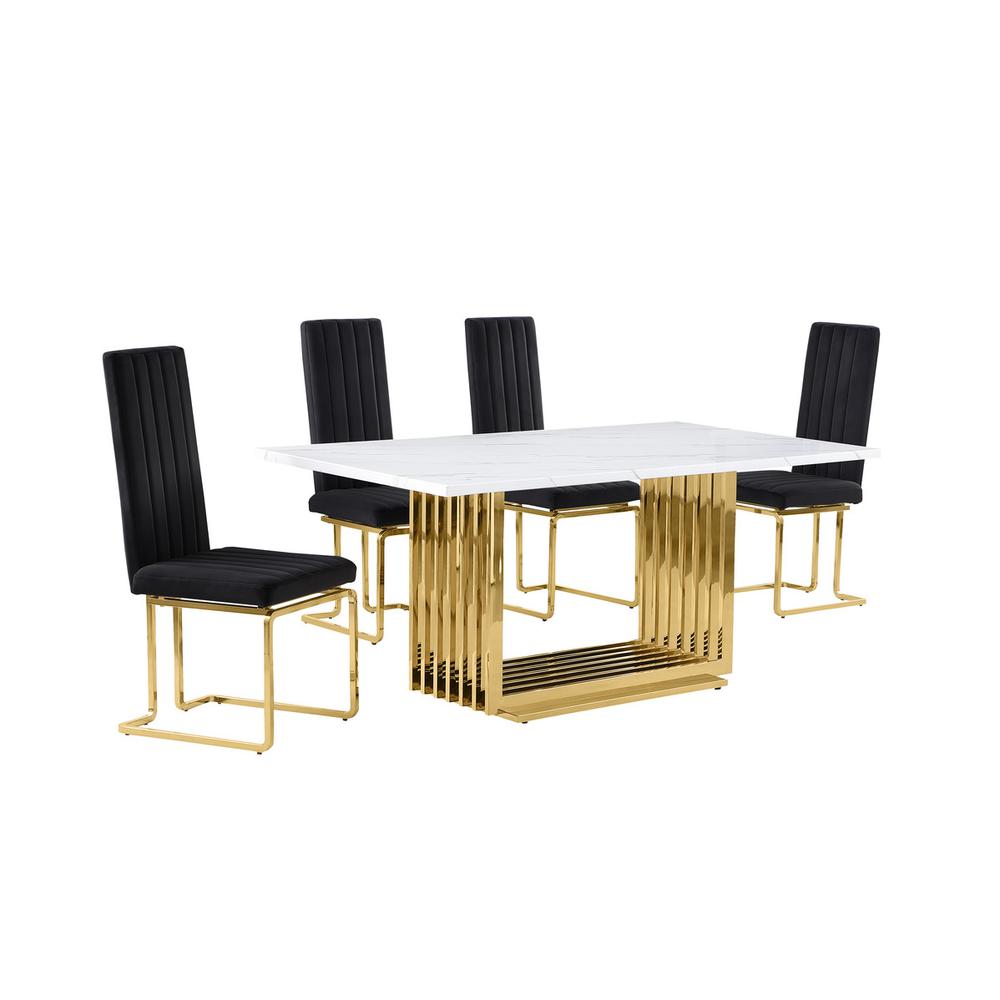 5pc Small(68″) marble top dining set with gold base and 4 Black side chairs