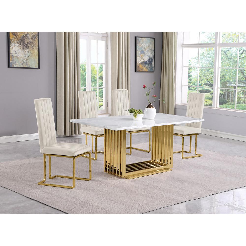 5pc Small(68″) marble top dining set with gold base and 4 Cream side chairs