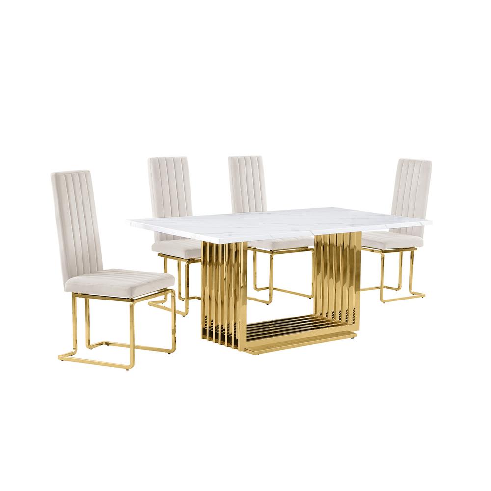 5pc Small(68″) marble top dining set with gold base and 4 Cream side chairs