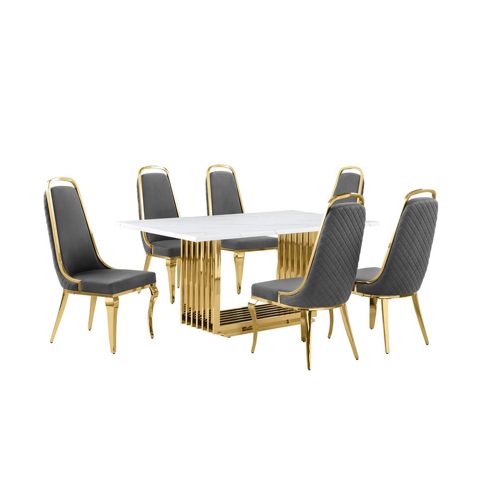 7pc Small(68″) marble top dining set with gold base and 6 Dark grey side chairs