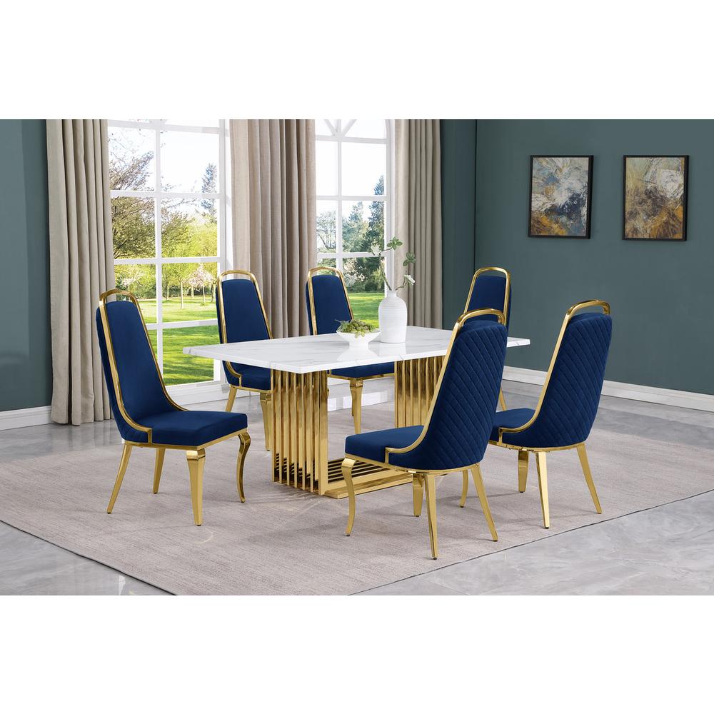 7pc Small(68″) marble top dining set with gold base and 6 Navy Blue side chairs