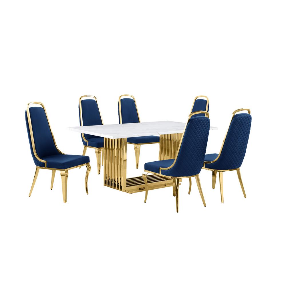 7pc Small(68″) marble top dining set with gold base and 6 Navy Blue side chairs