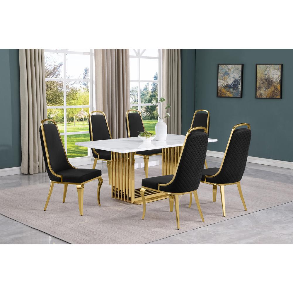 7pc Small(68″) marble top dining set with gold base and 6 Black side chairs