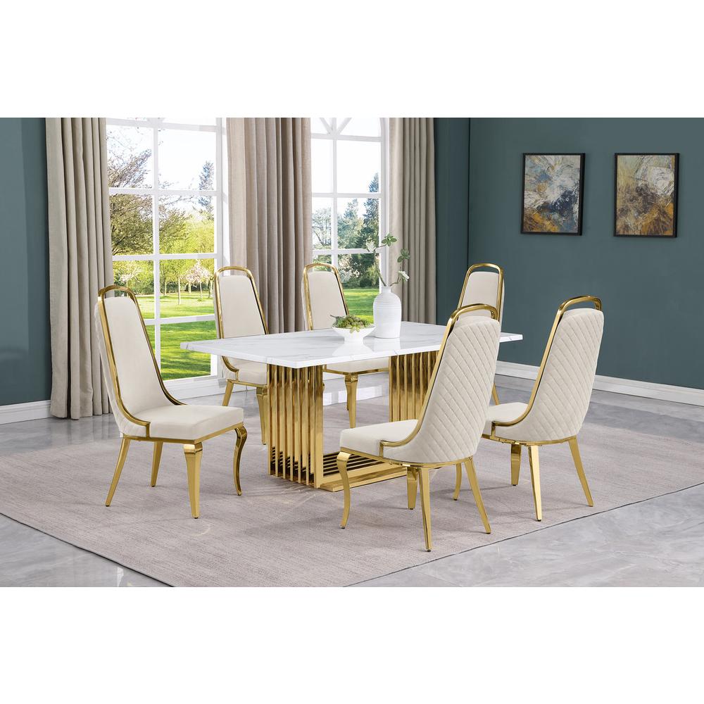 7pc Small(68″) marble top dining set with gold base and 6 Cream side chairs