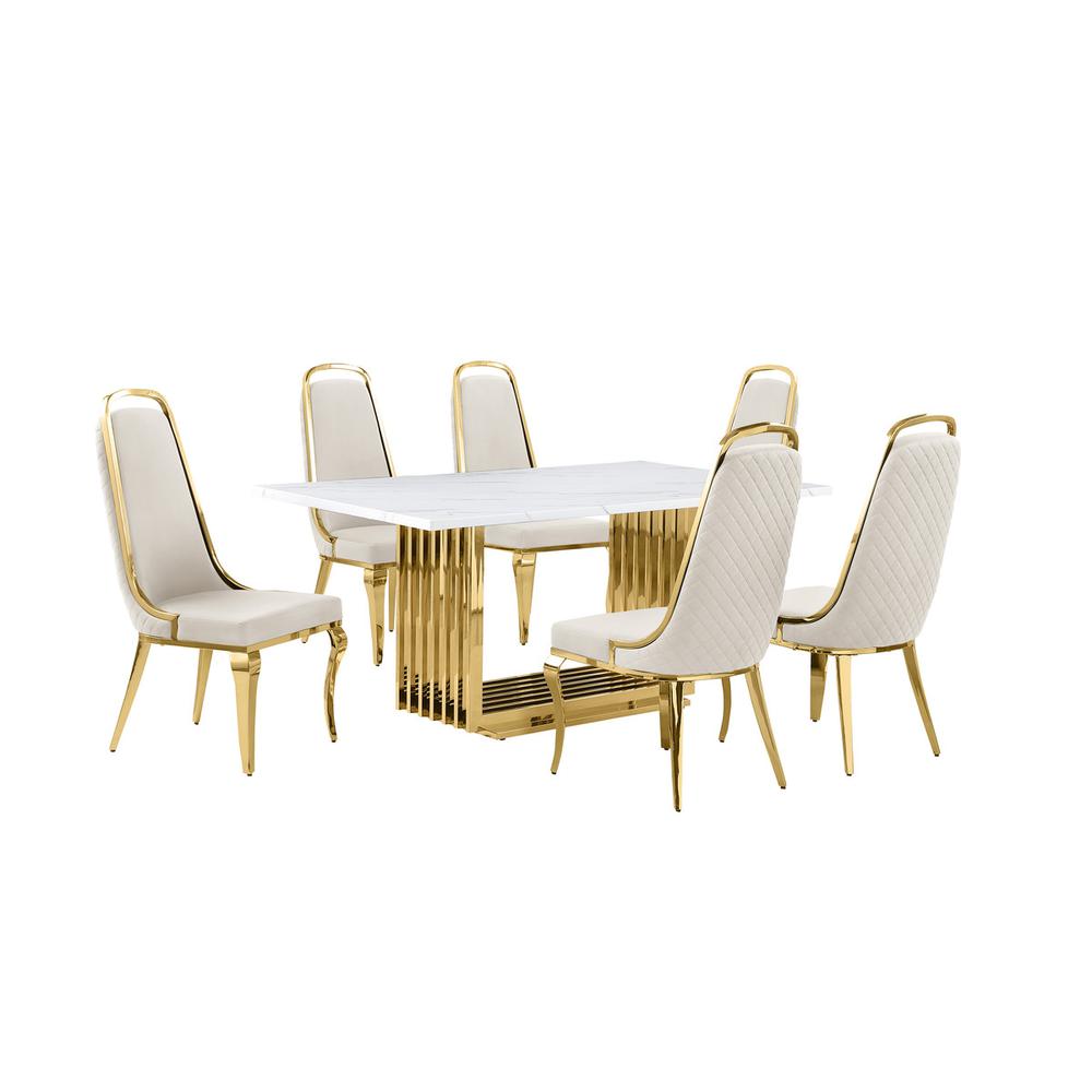 7pc Small(68″) marble top dining set with gold base and 6 Cream side chairs