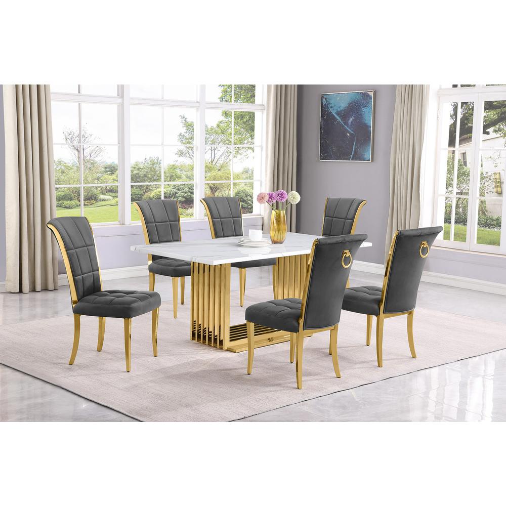 7pc Small(68″) marble top dining set with gold base and 6 Dark grey side chairs