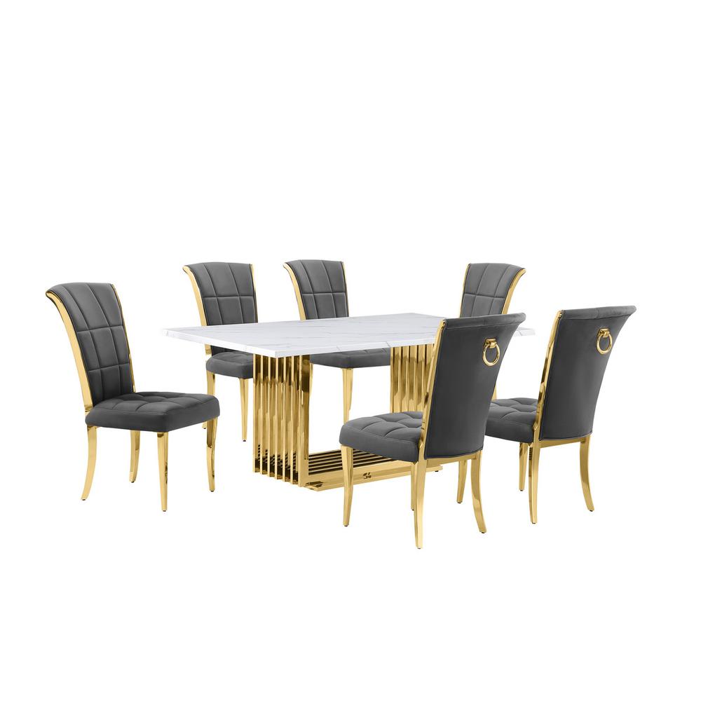 7pc Small(68″) marble top dining set with gold base and 6 Dark grey side chairs
