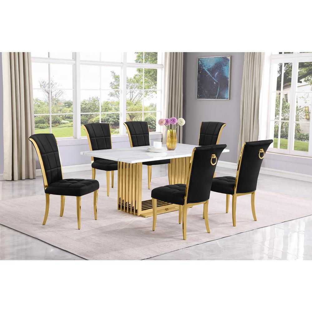 7pc Small(68″) marble top dining set with gold base and 6 Black side chairs