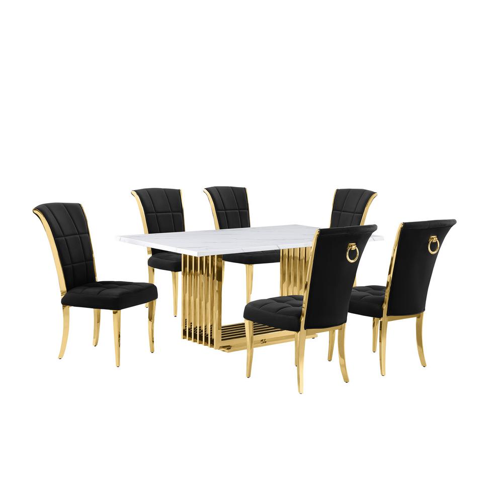 7pc Small(68″) marble top dining set with gold base and 6 Black side chairs