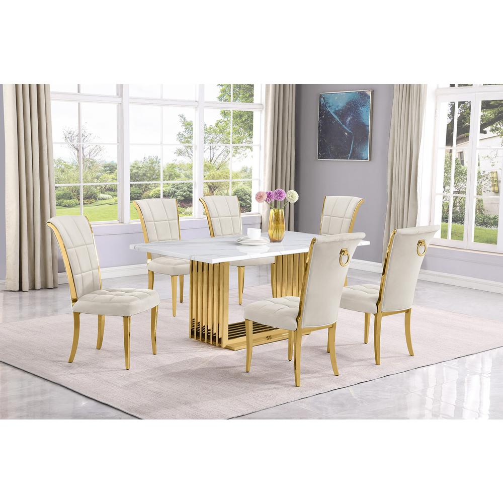 7pc Small(68″) marble top dining set with gold base and 6 Cream side chairs