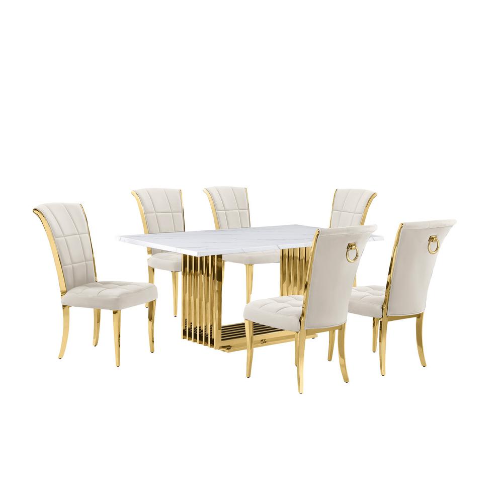 7pc Small(68″) marble top dining set with gold base and 6 Cream side chairs