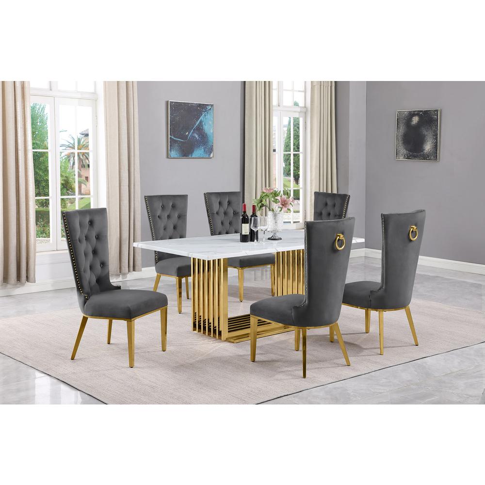 7pc Small(68″) marble top dining set with gold base and 6 Dark grey side chairs