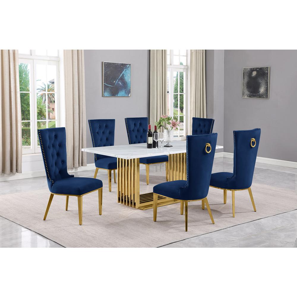 7pc Small(68″) marble top dining set with gold base and 6 Navy Blue side chairs