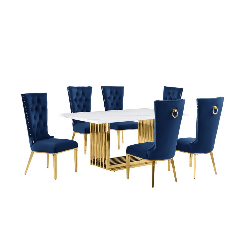 7pc Small(68″) marble top dining set with gold base and 6 Navy Blue side chairs