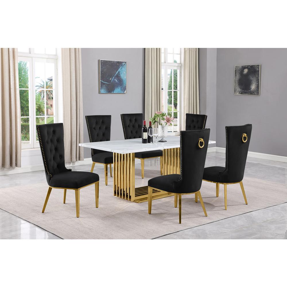 7pc Small(68″) marble top dining set with gold base and 6 Black side chairs