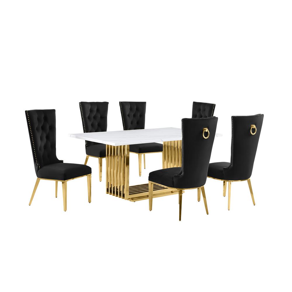 7pc Small(68″) marble top dining set with gold base and 6 Black side chairs