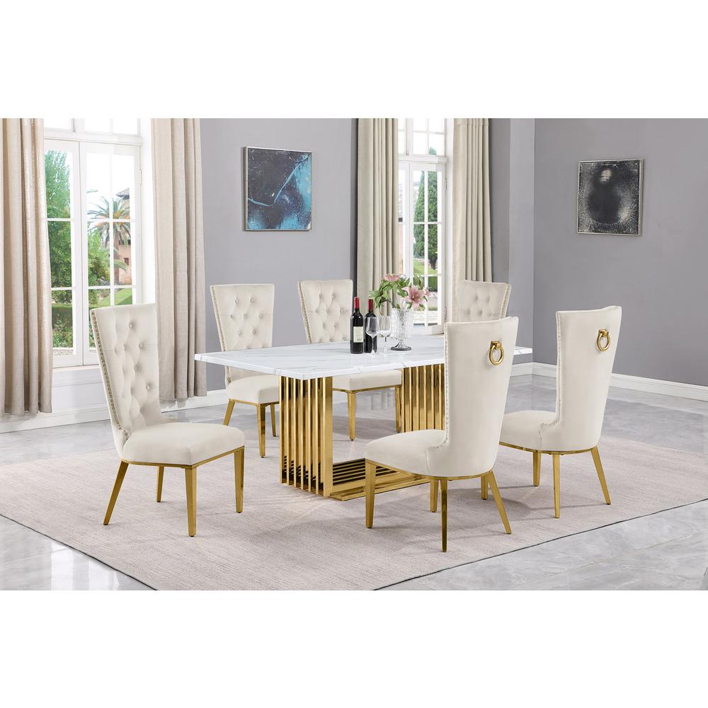 7pc Small(68″) marble top dining set with gold base and 6 Cream side chairs