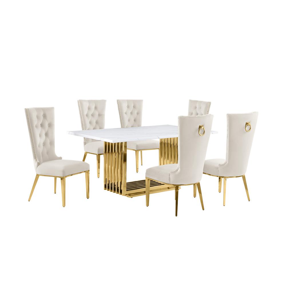 7pc Small(68″) marble top dining set with gold base and 6 Cream side chairs