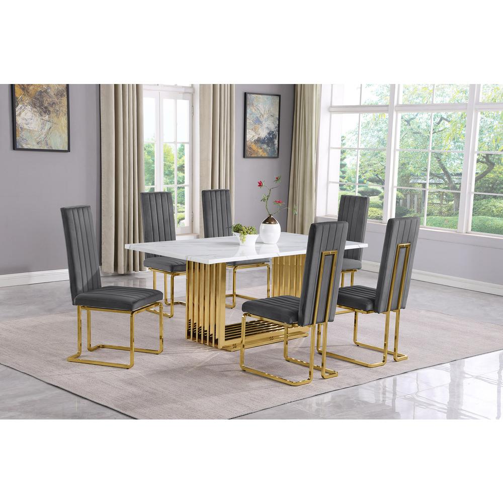 7pc Small(68″) marble top dining set with gold base and 6 Dark grey side chairs