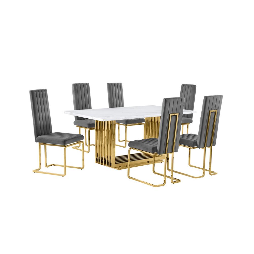 7pc Small(68″) marble top dining set with gold base and 6 Dark grey side chairs