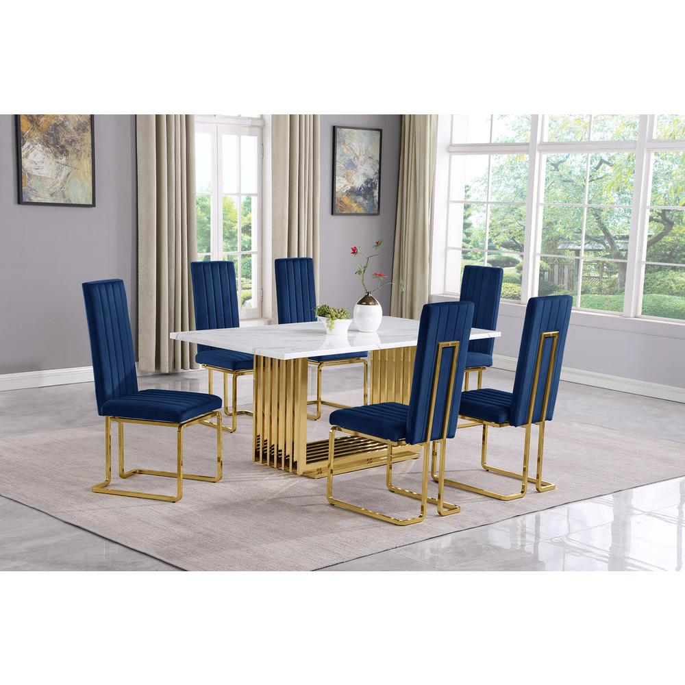 7pc Small(68″) marble top dining set with gold base and 6 Navy Blue side chairs