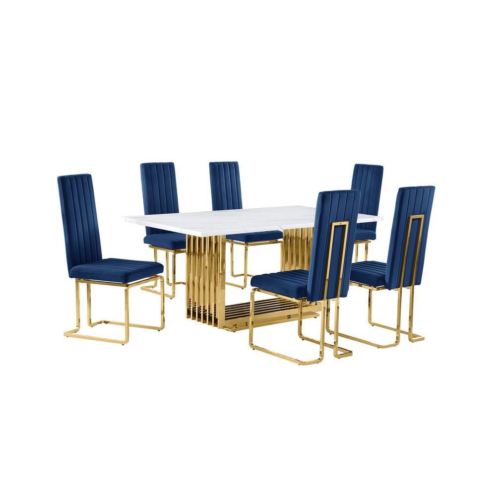 7pc Small(68″) marble top dining set with gold base and 6 Navy Blue side chairs